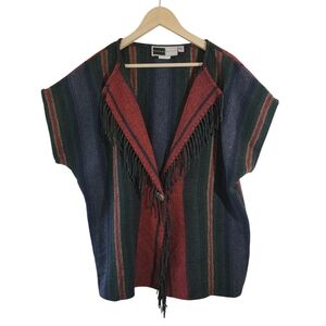 VTG RHONDA STARK Southwest Wool Blend Poncho XL+ Multicolored Boho Fringe USA